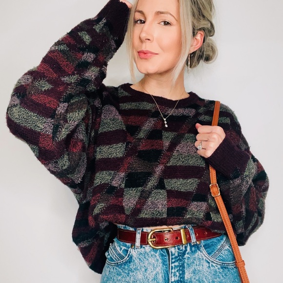 Vintage Sweaters - VINTAGE | Abstract Retro Oversized Slouchy Knit Plum Sweater Top